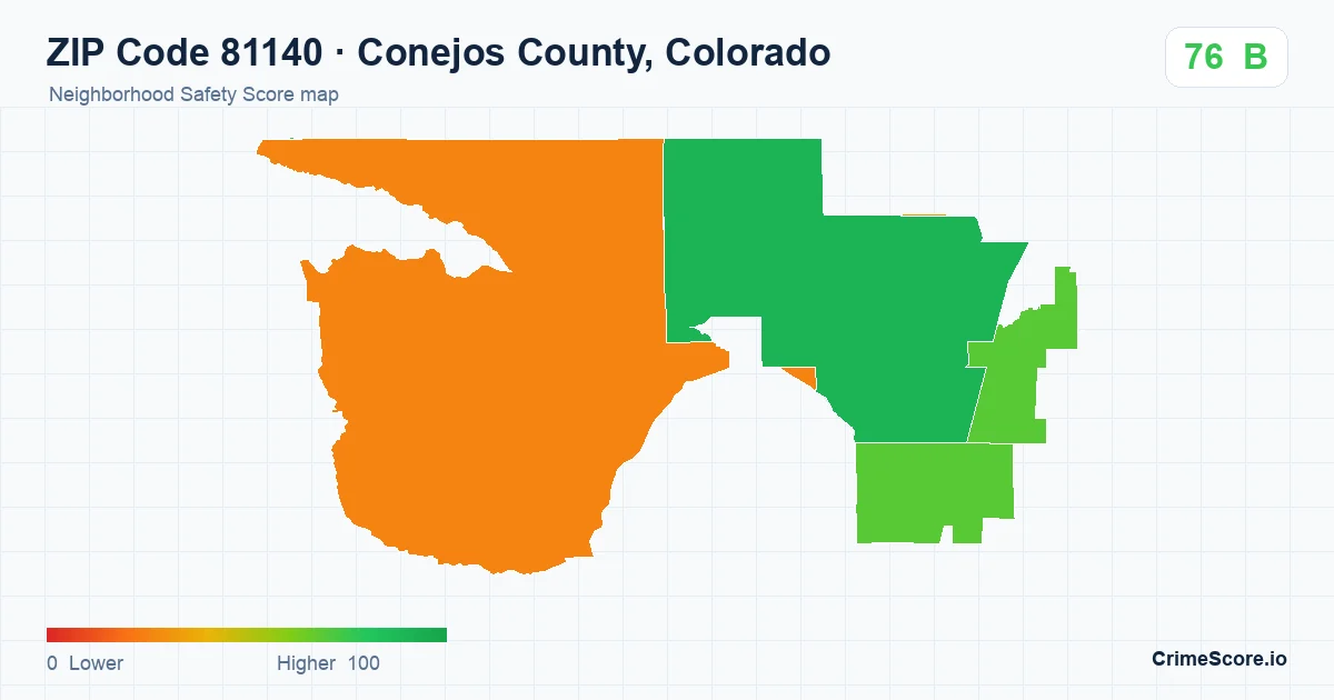 ZIP Code 81140 in Conejos County, Colorado neighborhood Safety Score map