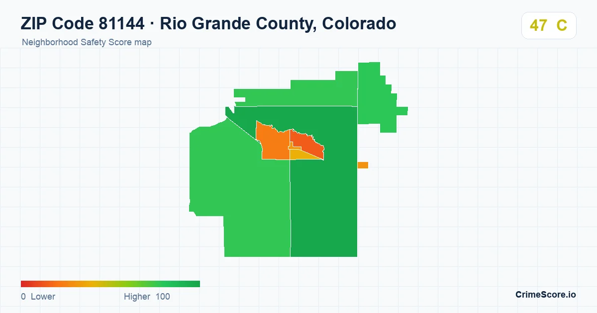 ZIP Code 81144 in Rio Grande County, Colorado neighborhood Safety Score map