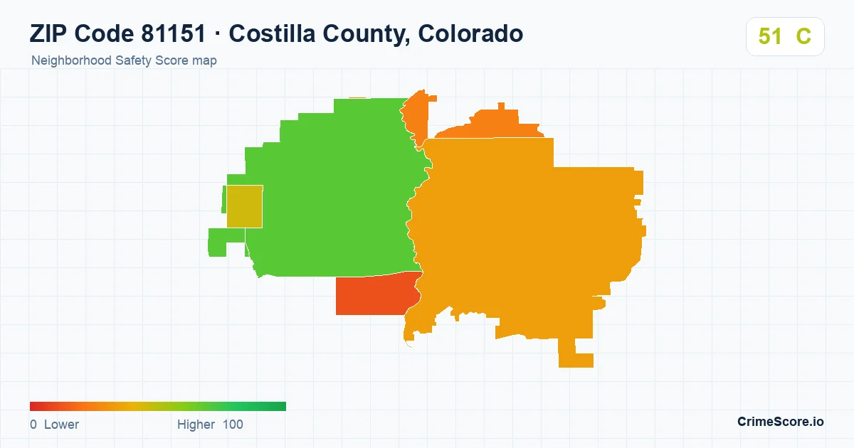 ZIP Code 81151 in Costilla County, Colorado neighborhood Safety Score map