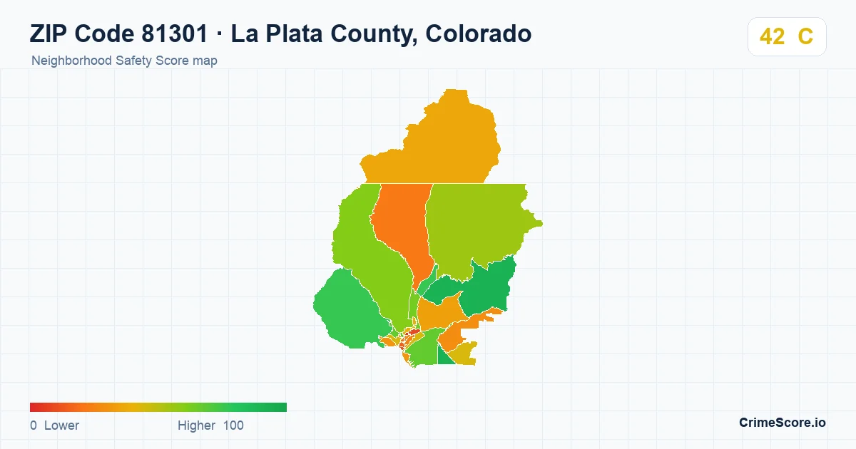 ZIP Code 81301 in La Plata County, Colorado neighborhood Safety Score map