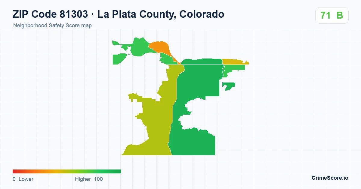 ZIP Code 81303 in La Plata County, Colorado neighborhood Safety Score map