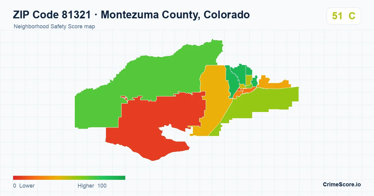 ZIP Code 81321 in Montezuma County, Colorado neighborhood Safety Score map