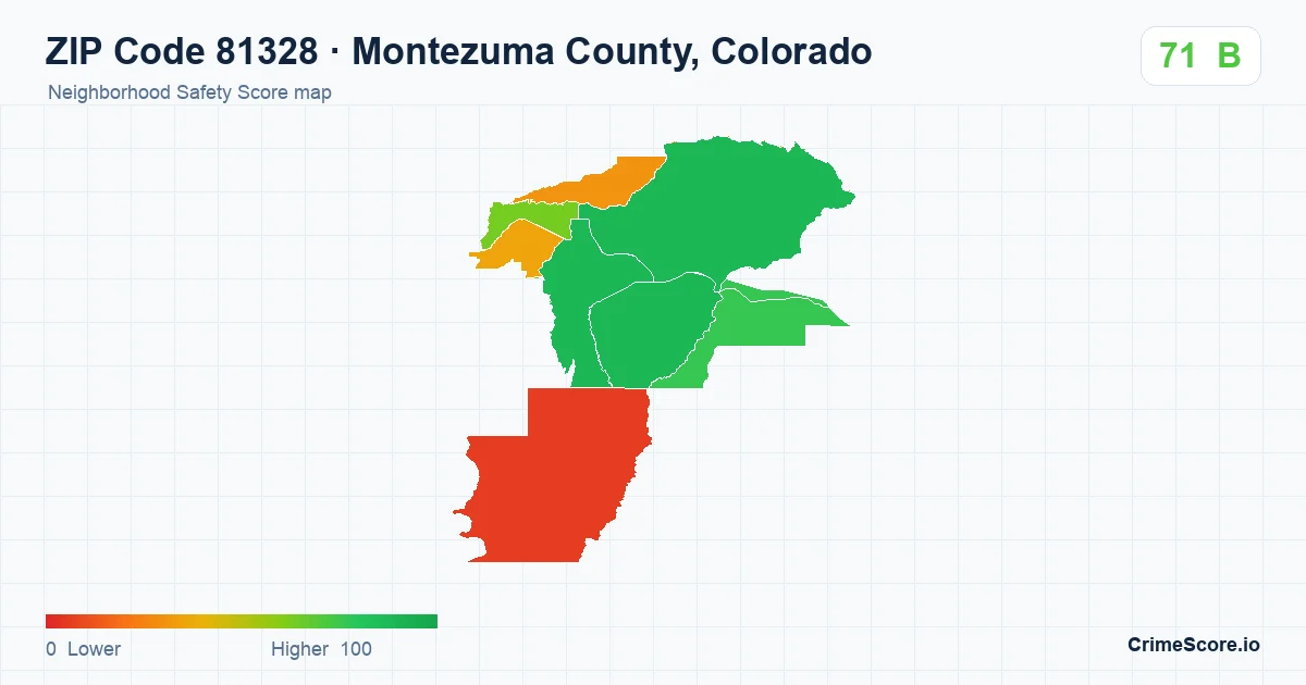 ZIP Code 81328 in Montezuma County, Colorado neighborhood Safety Score map