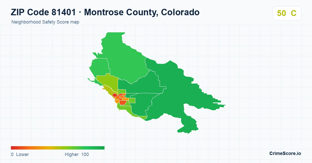 ZIP Code 81401 in Montrose County, Colorado neighborhood Safety Score map