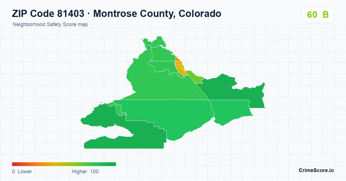 ZIP Code 81403 in Montrose County, Colorado neighborhood Safety Score map