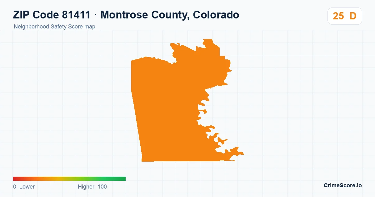 ZIP Code 81411 in Montrose County, Colorado neighborhood Safety Score map