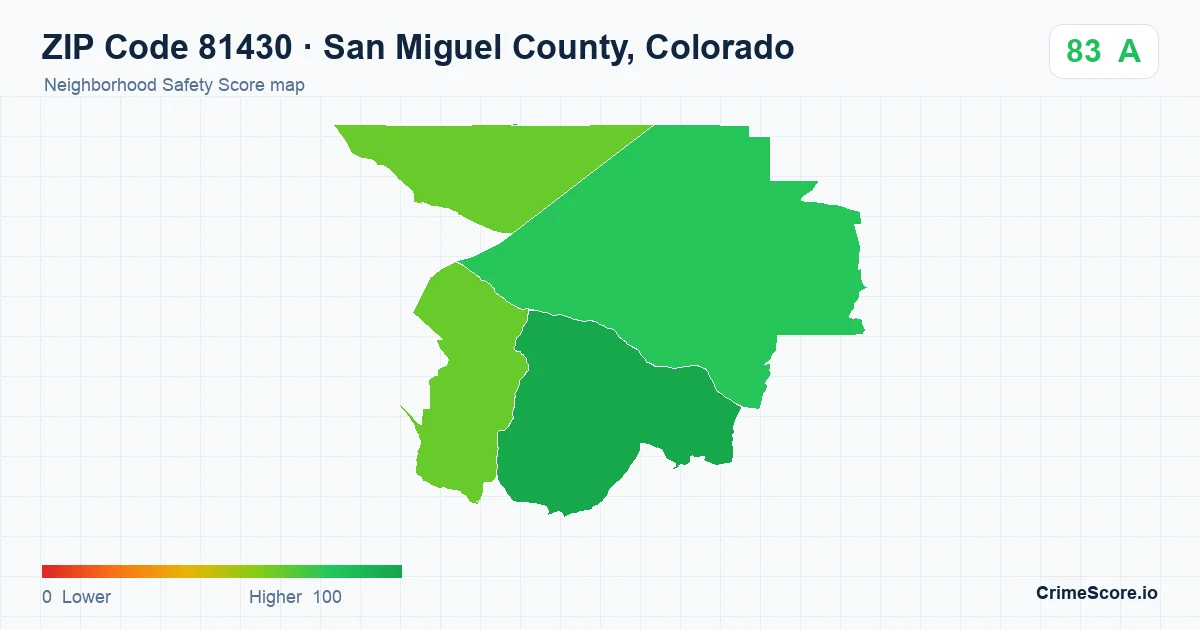 ZIP Code 81430 in San Miguel County, Colorado neighborhood Safety Score map