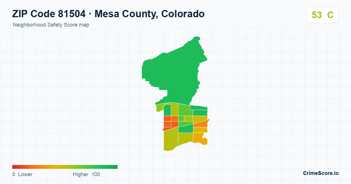 ZIP Code 81504 in Mesa County, Colorado neighborhood Safety Score map