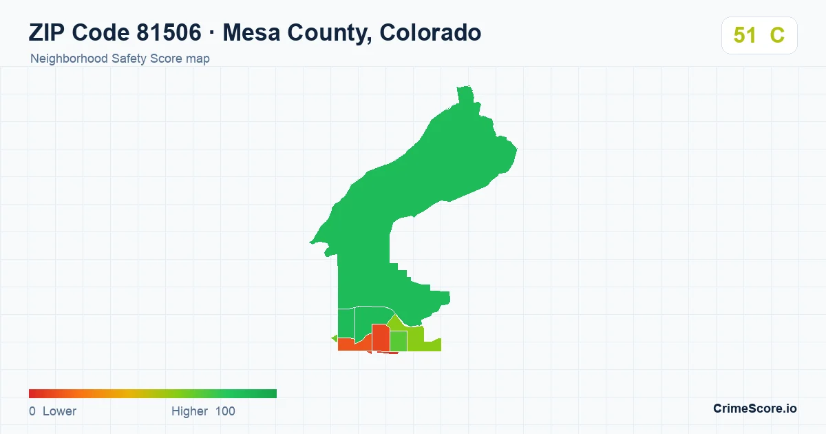 ZIP Code 81506 in Mesa County, Colorado neighborhood Safety Score map