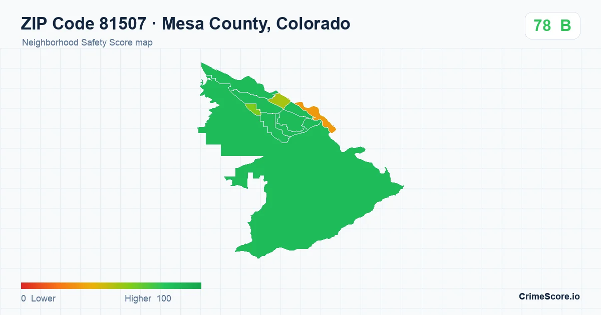 ZIP Code 81507 in Mesa County, Colorado neighborhood Safety Score map
