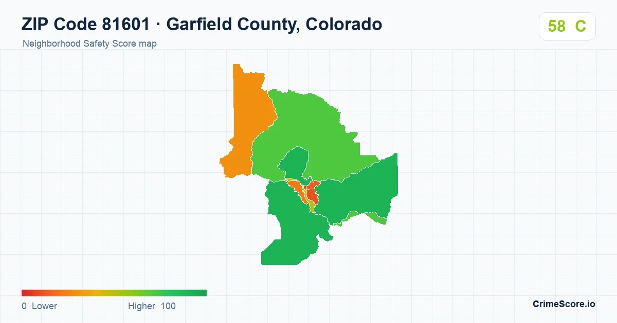 ZIP Code 81601 in Garfield County, Colorado neighborhood Safety Score map