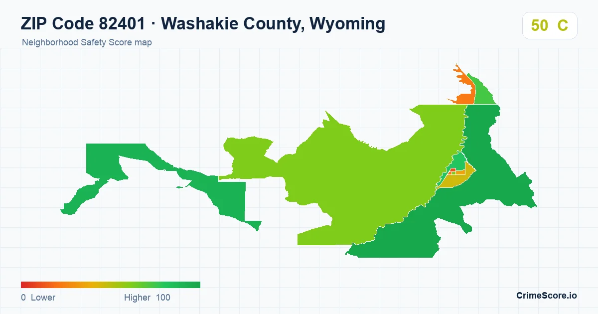 ZIP Code 82401 in Washakie County, Wyoming neighborhood Safety Score map