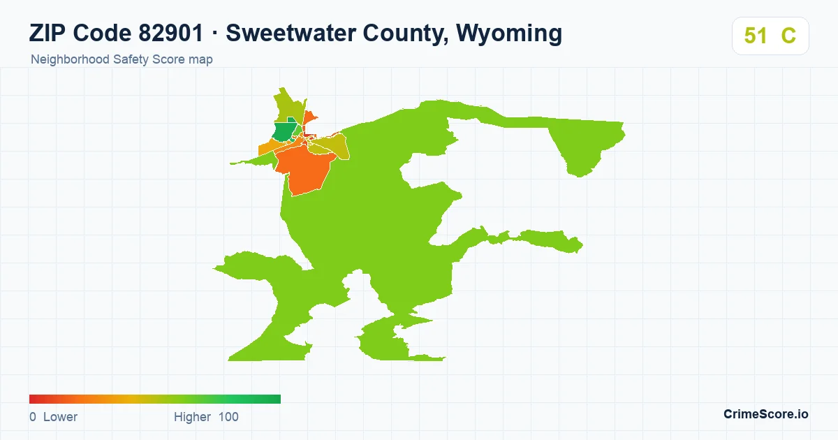 ZIP Code 82901 in Sweetwater County, Wyoming neighborhood Safety Score map