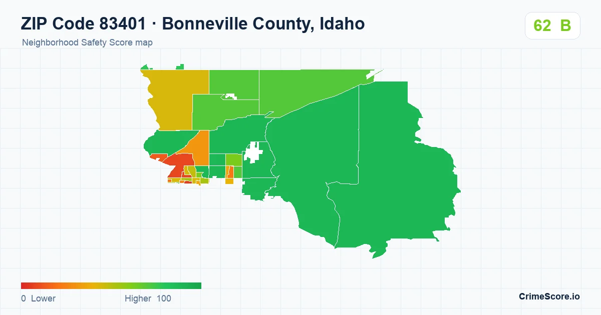 ZIP Code 83401 in Bonneville County, Idaho neighborhood Safety Score map