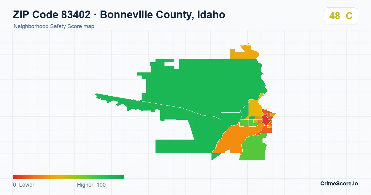 ZIP Code 83402 in Bonneville County, Idaho neighborhood Safety Score map