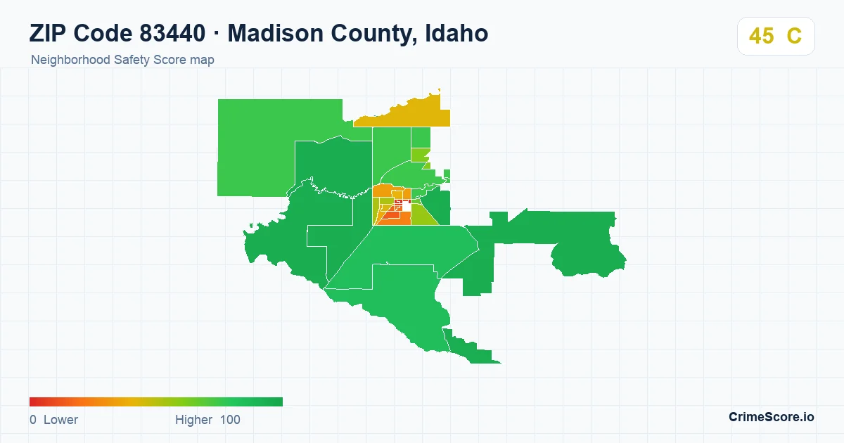 ZIP Code 83440 in Madison County, Idaho neighborhood Safety Score map