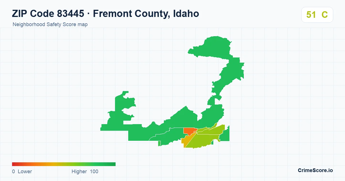 ZIP Code 83445 in Fremont County, Idaho neighborhood Safety Score map