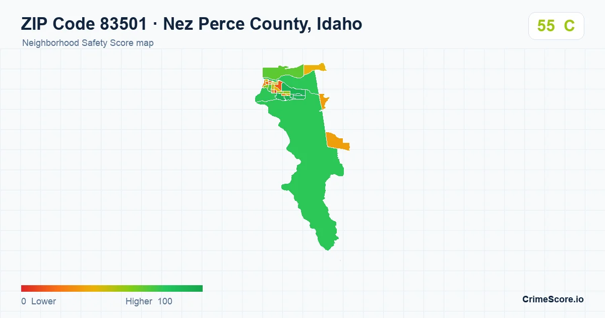 ZIP Code 83501 in Nez Perce County, Idaho neighborhood Safety Score map