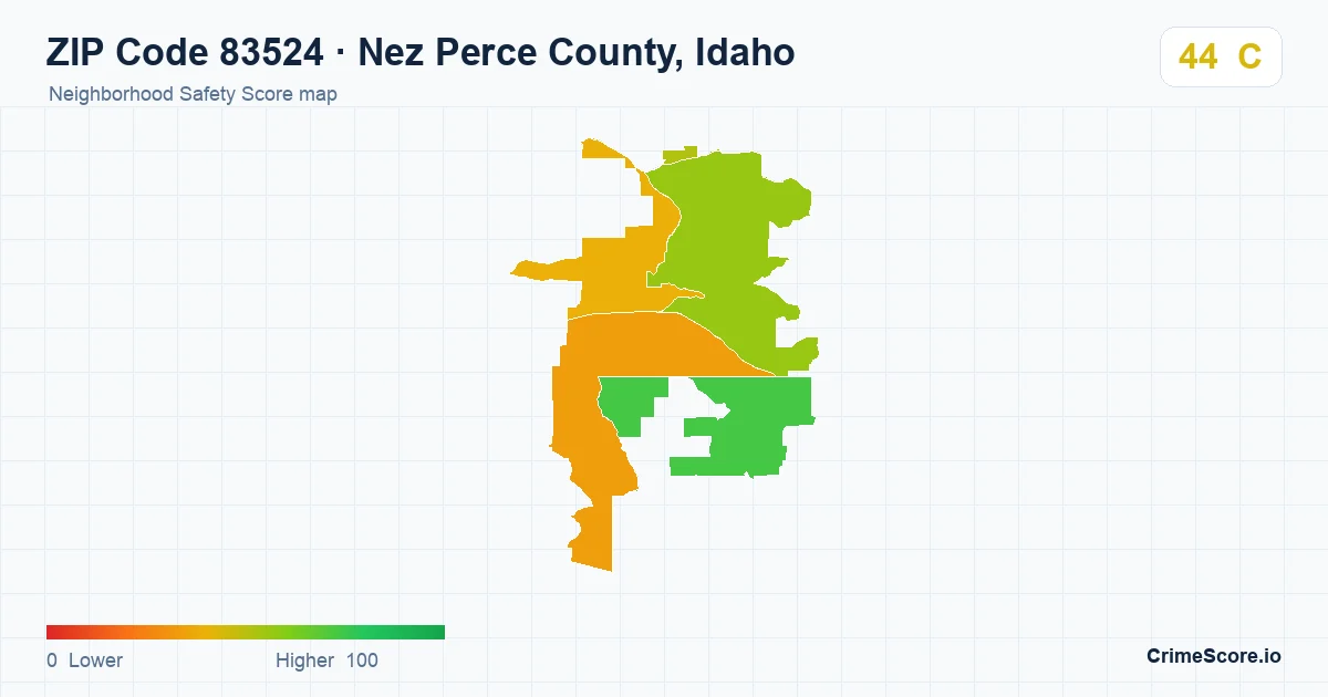 ZIP Code 83524 in Nez Perce County, Idaho neighborhood Safety Score map