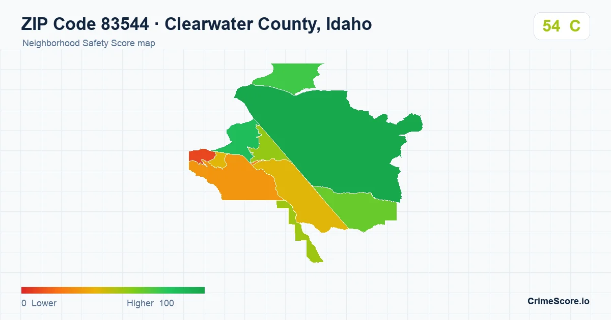 ZIP Code 83544 in Clearwater County, Idaho neighborhood Safety Score map