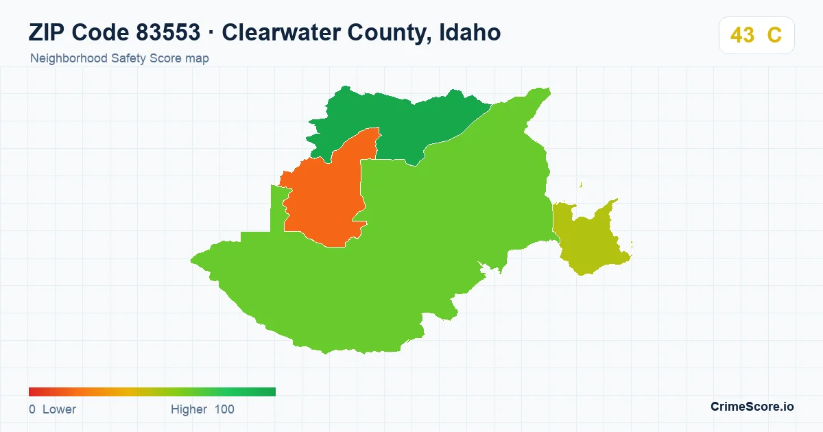 ZIP Code 83553 in Clearwater County, Idaho neighborhood Safety Score map