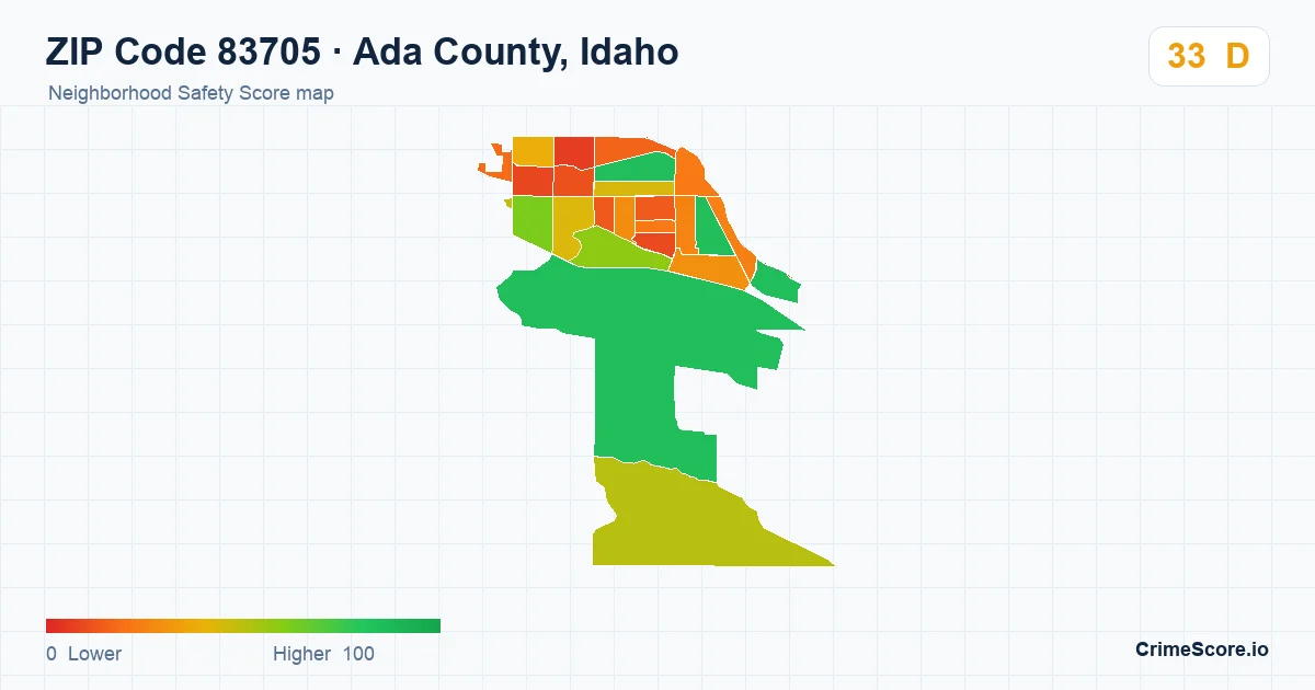 ZIP Code 83705 in Ada County, Idaho neighborhood Safety Score map