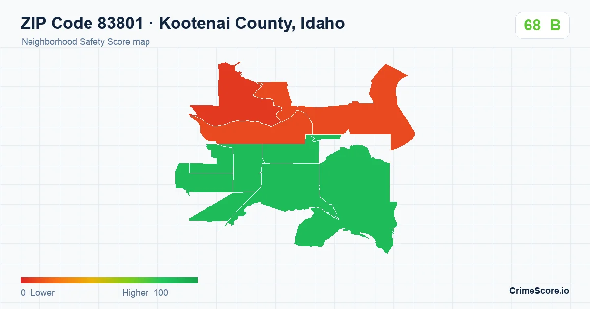 ZIP Code 83801 in Kootenai County, Idaho neighborhood Safety Score map