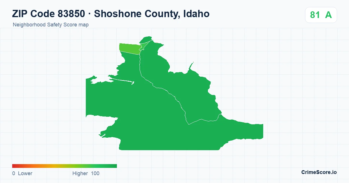 ZIP Code 83850 in Shoshone County, Idaho neighborhood Safety Score map