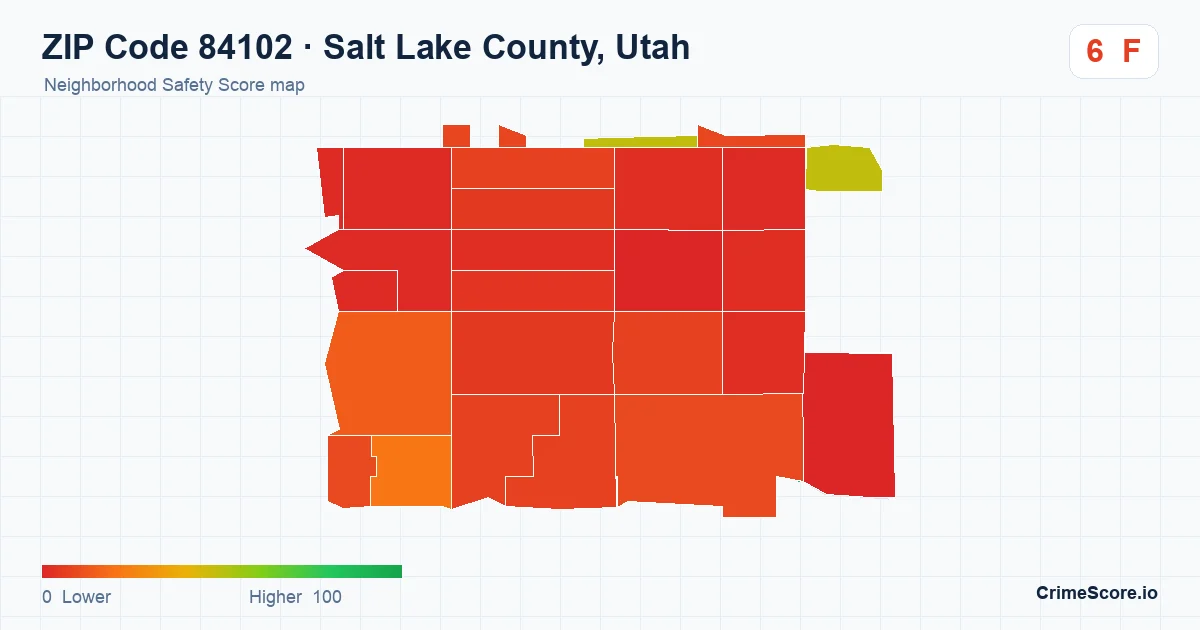 ZIP Code 84102 in Salt Lake County, Utah neighborhood Safety Score map