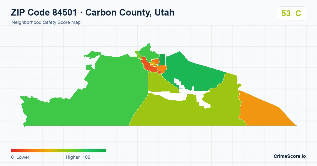 ZIP Code 84501 in Carbon County, Utah neighborhood Safety Score map