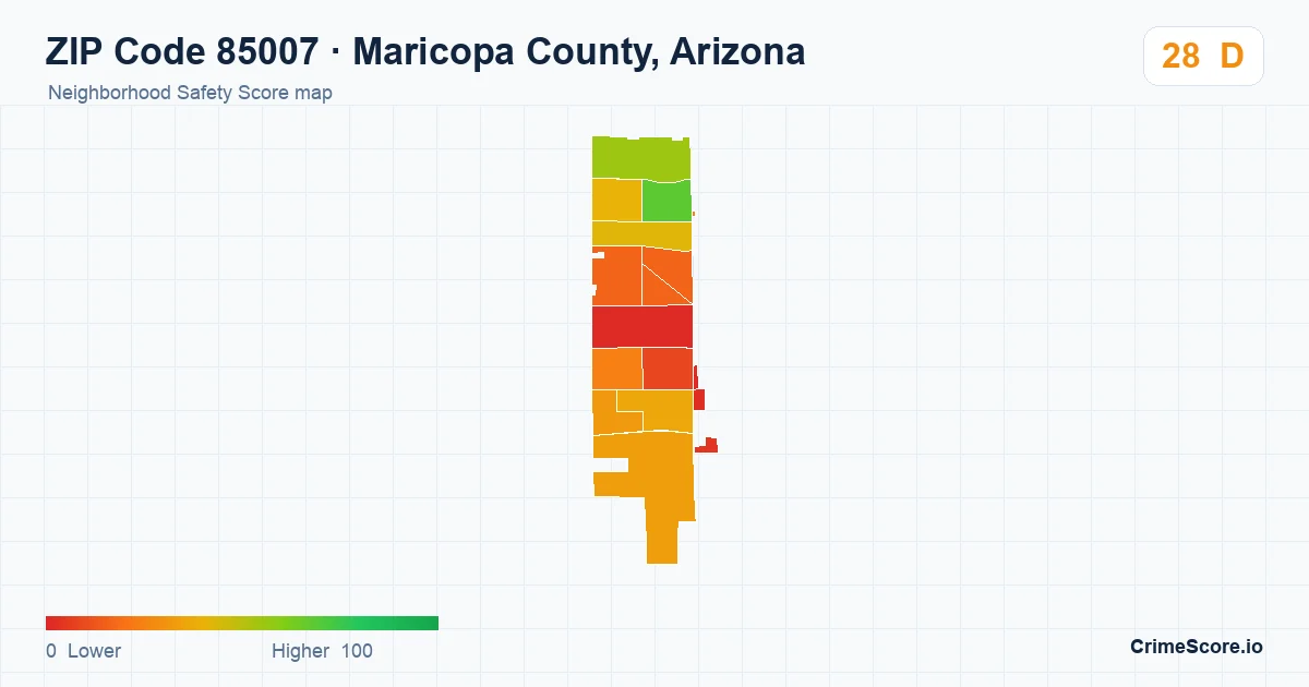 ZIP Code 85007 in Maricopa County, Arizona neighborhood Safety Score map