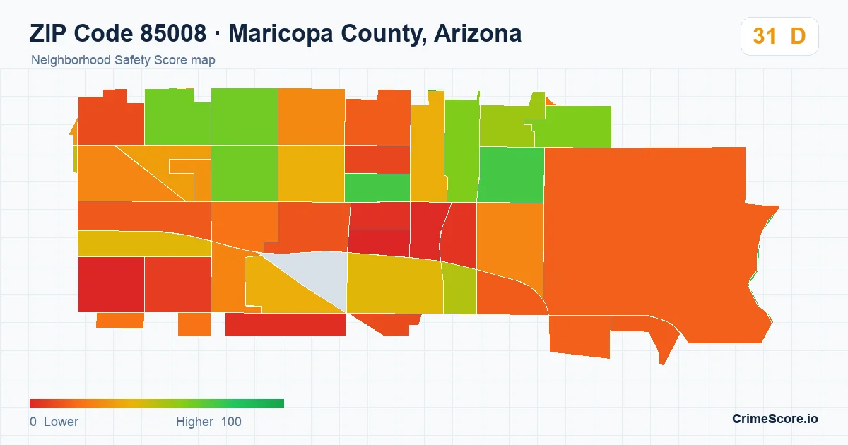 ZIP Code 85008 in Maricopa County, Arizona neighborhood Safety Score map