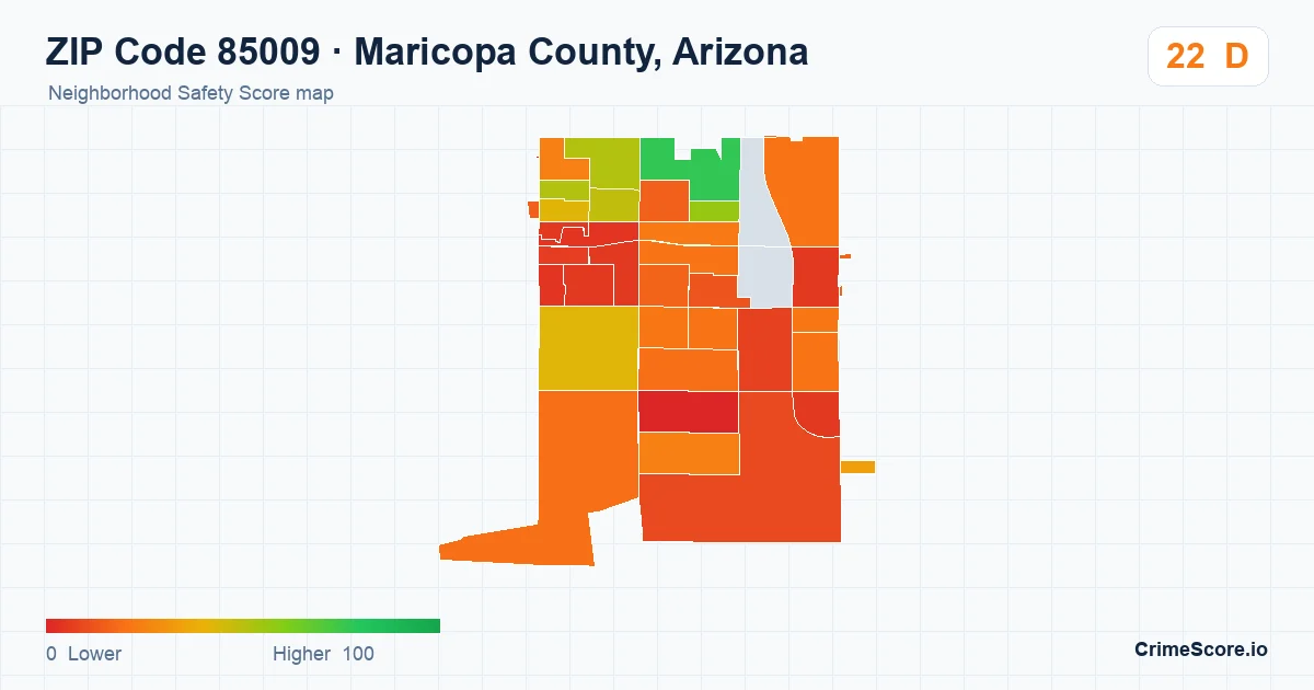 ZIP Code 85009 in Maricopa County, Arizona neighborhood Safety Score map