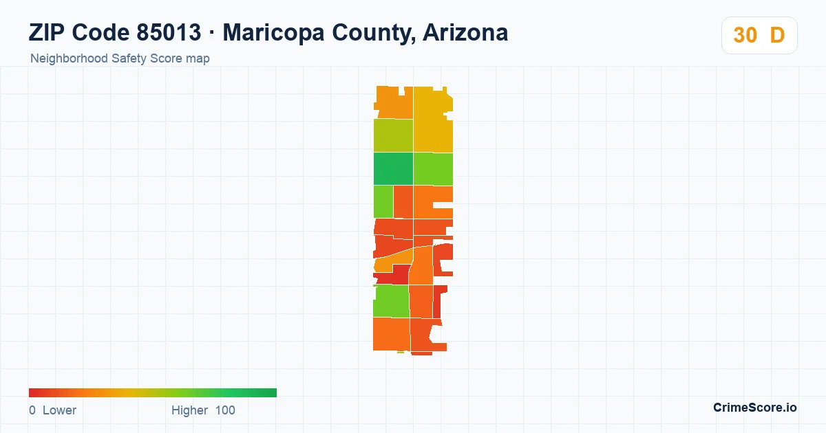 ZIP Code 85013 in Maricopa County, Arizona neighborhood Safety Score map