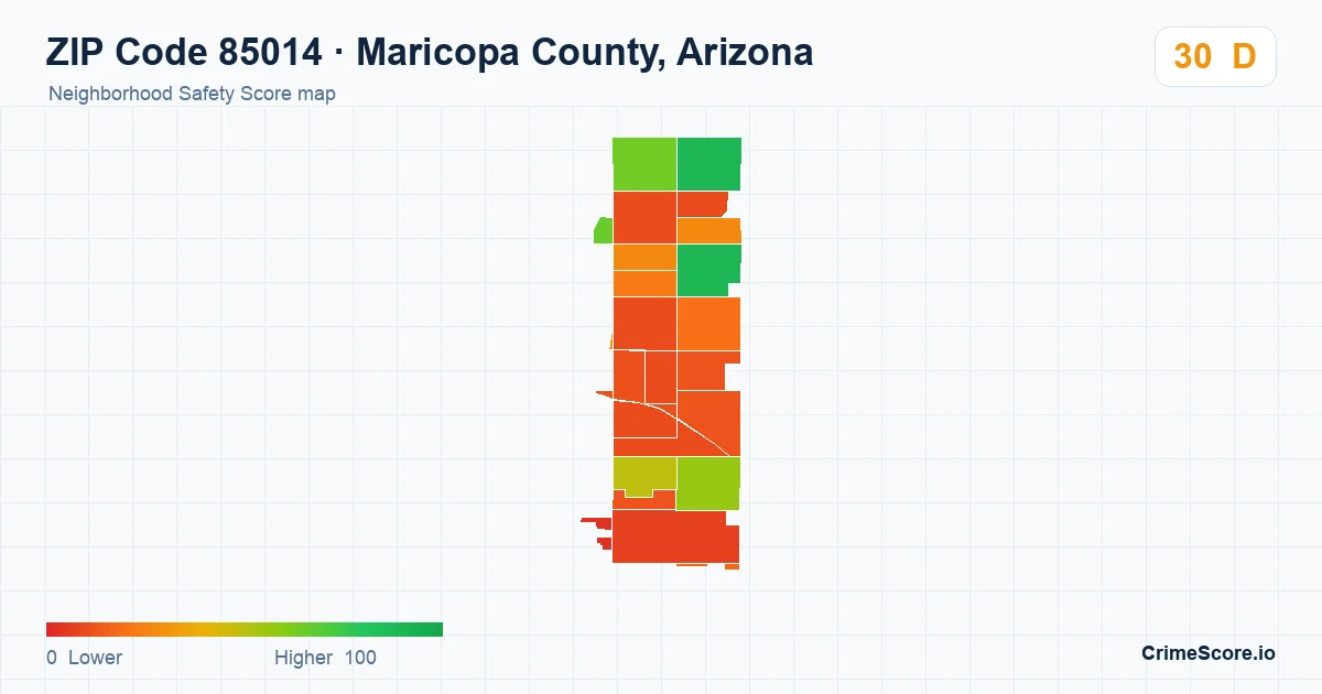 ZIP Code 85014 in Maricopa County, Arizona neighborhood Safety Score map
