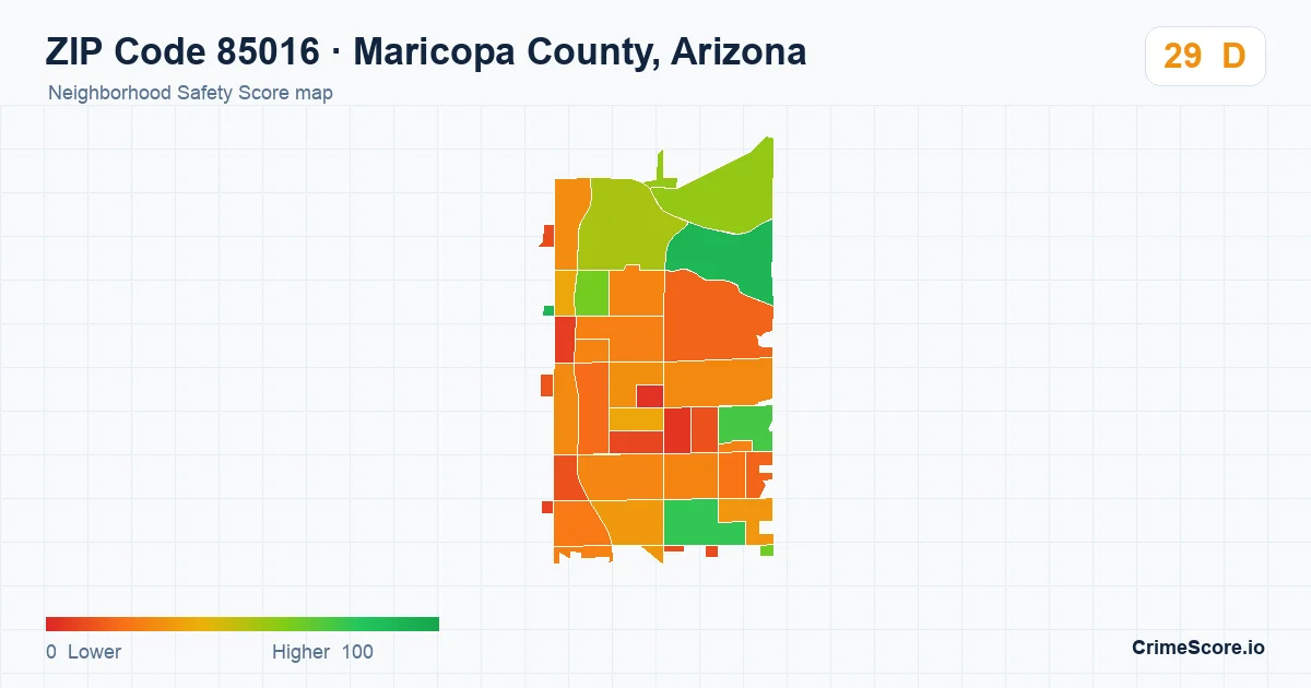 ZIP Code 85016 in Maricopa County, Arizona neighborhood Safety Score map