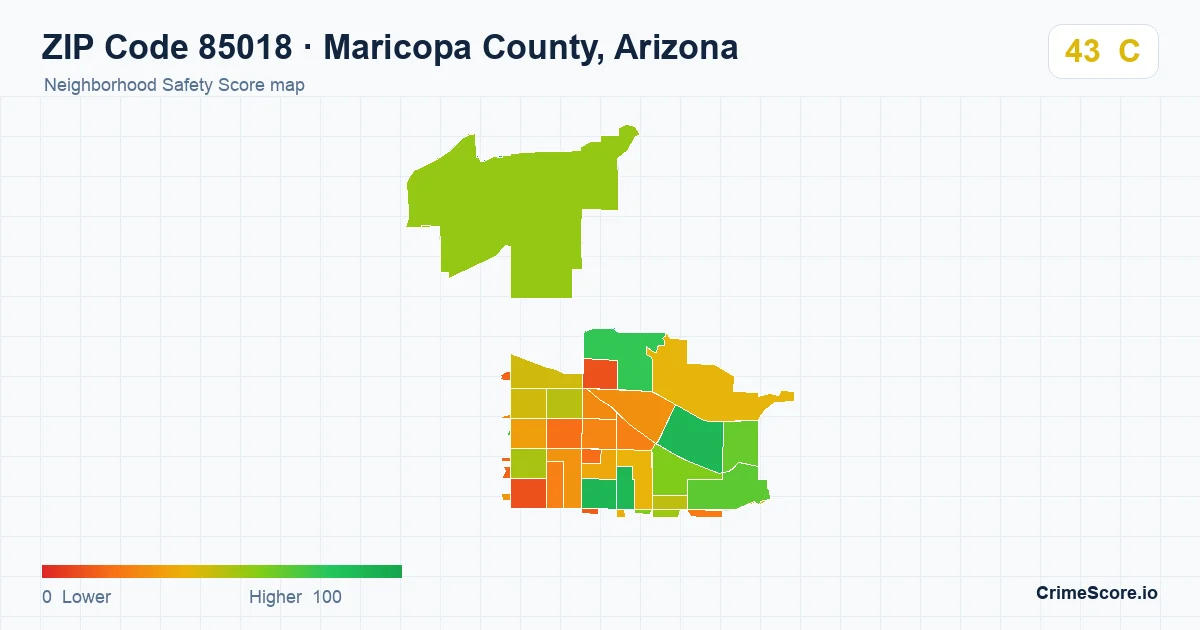 ZIP Code 85018 in Maricopa County, Arizona neighborhood Safety Score map