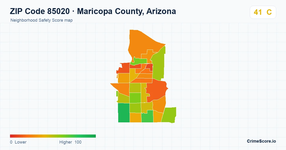 ZIP Code 85020 in Maricopa County, Arizona neighborhood Safety Score map
