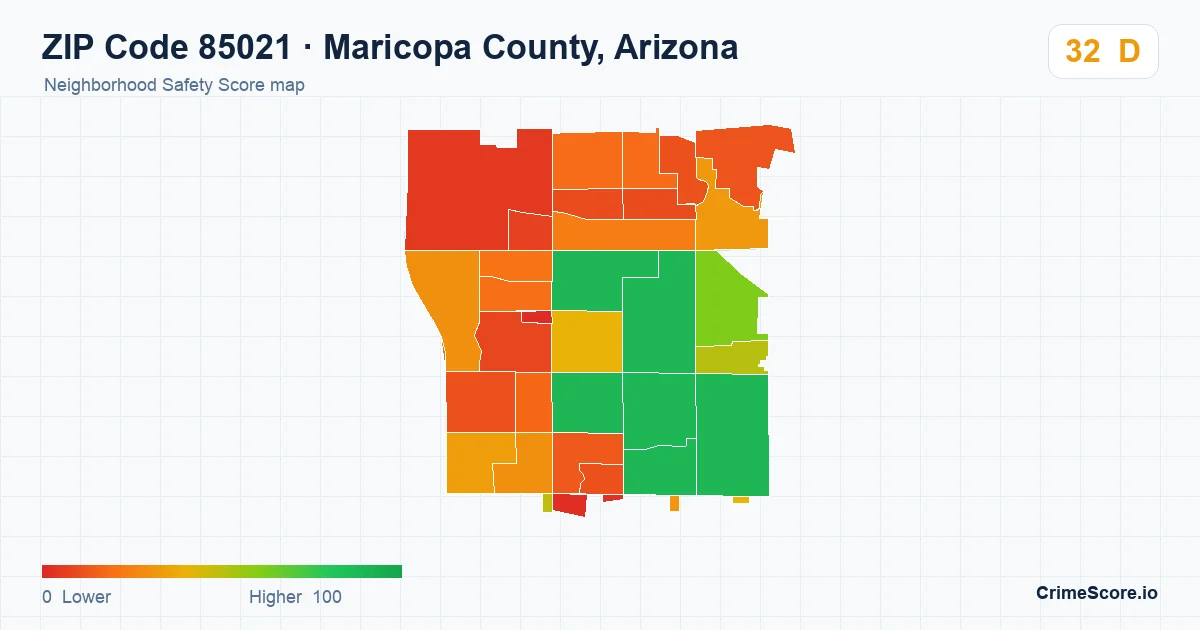 ZIP Code 85021 in Maricopa County, Arizona neighborhood Safety Score map