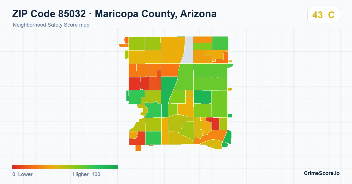 ZIP Code 85032 in Maricopa County, Arizona neighborhood Safety Score map