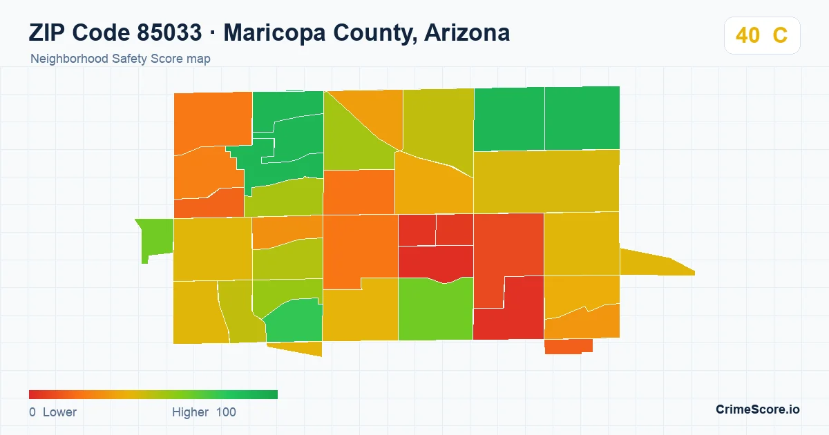 ZIP Code 85033 in Maricopa County, Arizona neighborhood Safety Score map