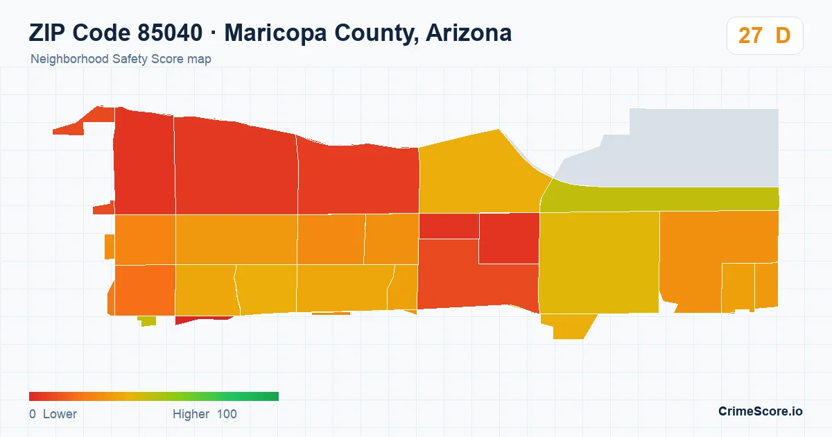 ZIP Code 85040 in Maricopa County, Arizona neighborhood Safety Score map