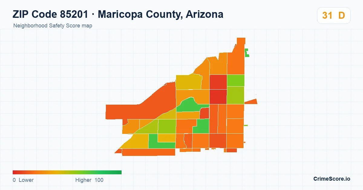 ZIP Code 85201 in Maricopa County, Arizona neighborhood Safety Score map