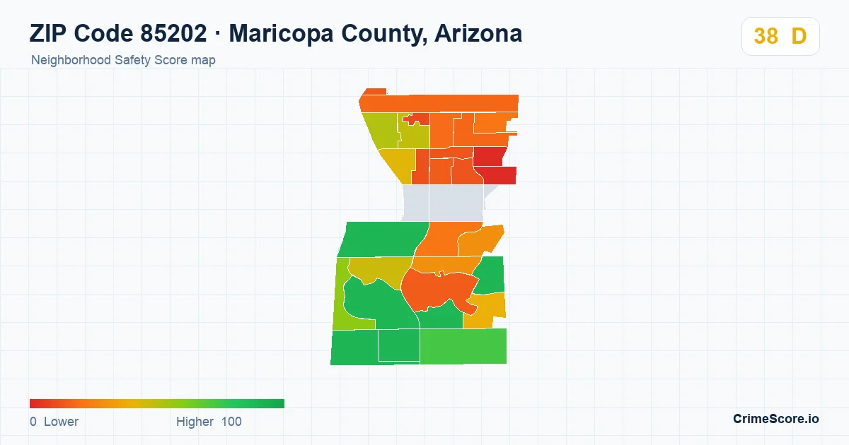 ZIP Code 85202 in Maricopa County, Arizona neighborhood Safety Score map