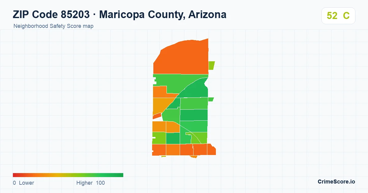 ZIP Code 85203 in Maricopa County, Arizona neighborhood Safety Score map