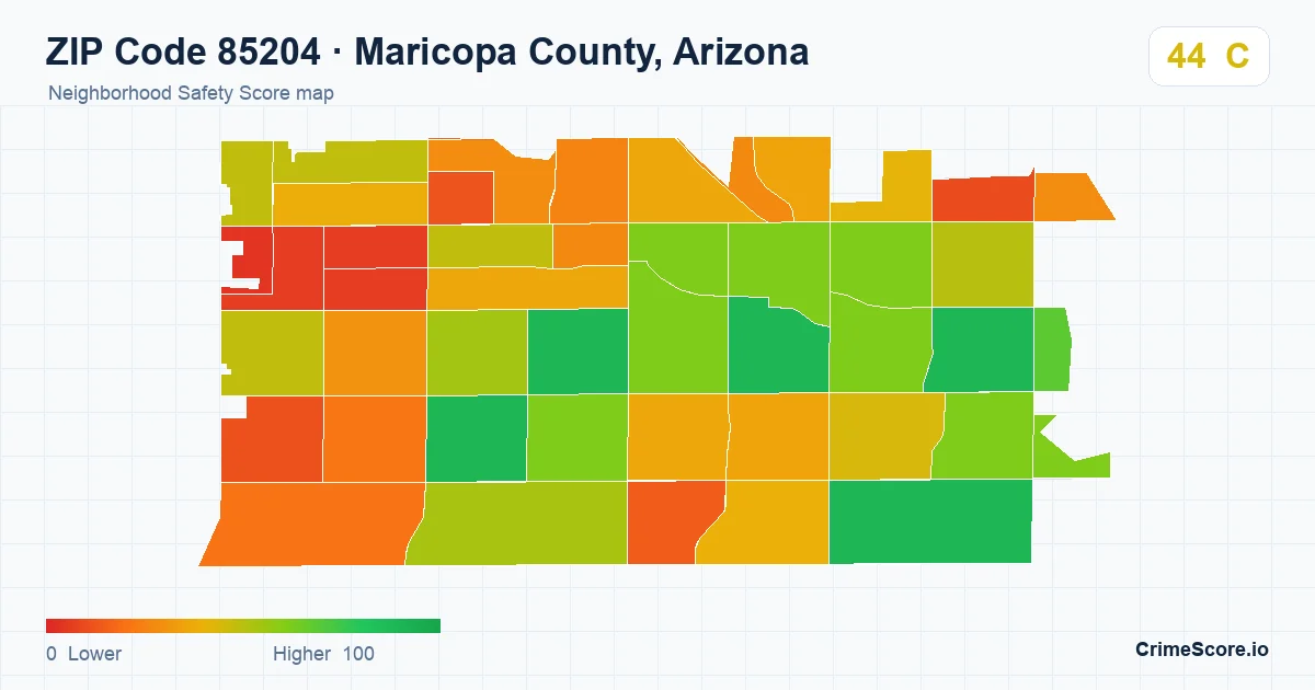 ZIP Code 85204 in Maricopa County, Arizona neighborhood Safety Score map