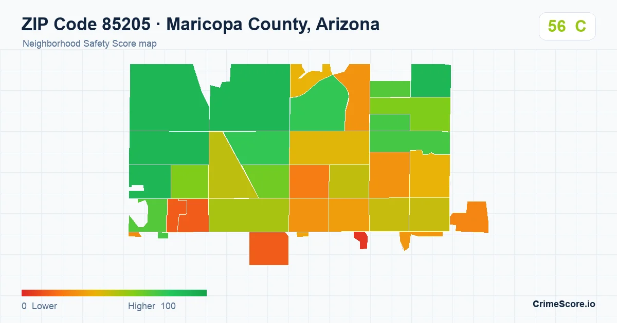 ZIP Code 85205 in Maricopa County, Arizona neighborhood Safety Score map