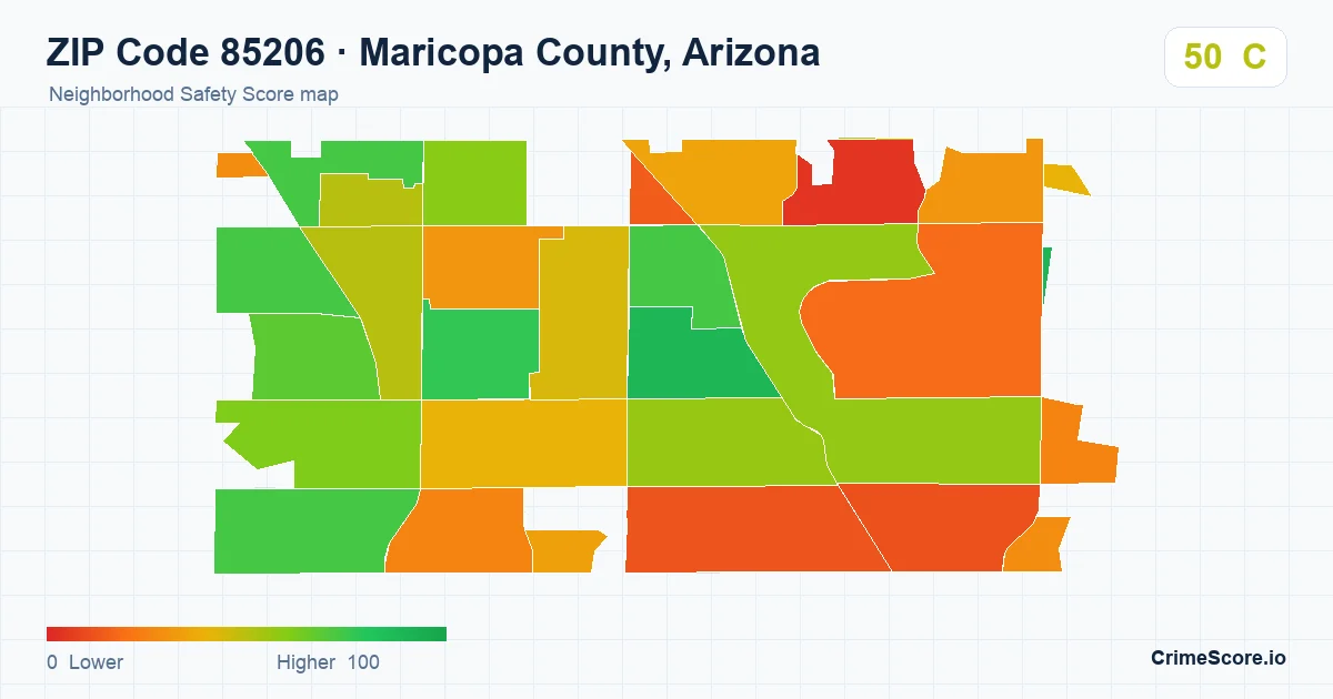 ZIP Code 85206 in Maricopa County, Arizona neighborhood Safety Score map