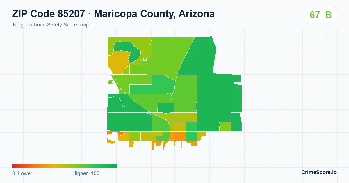 ZIP Code 85207 in Maricopa County, Arizona neighborhood Safety Score map