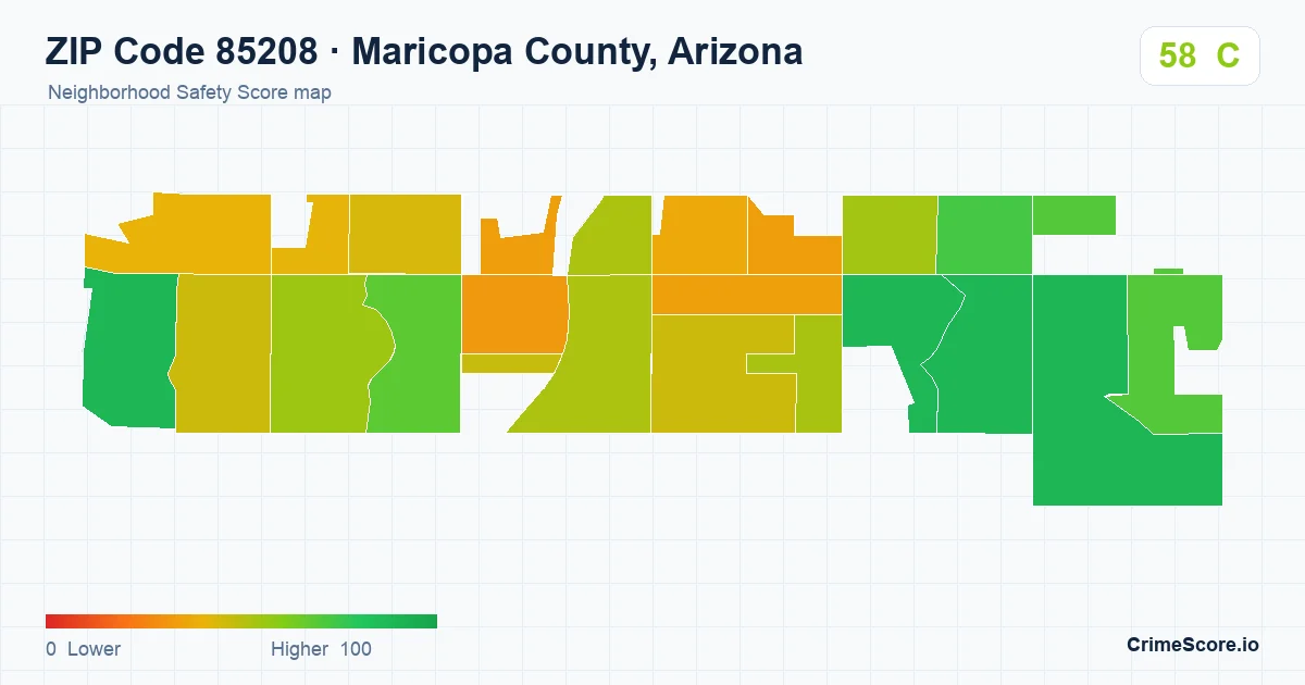 ZIP Code 85208 in Maricopa County, Arizona neighborhood Safety Score map